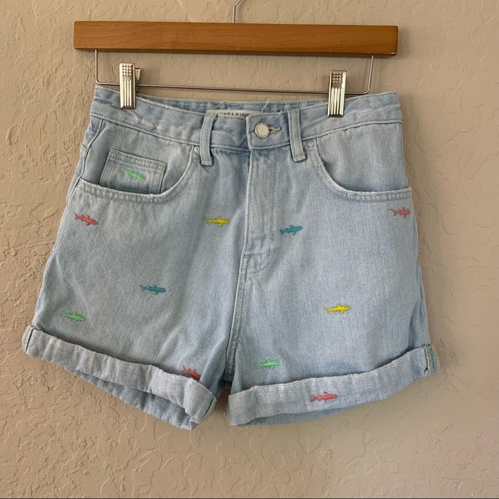 Zara Trafaluc Shark Embroidered Denim Shorts